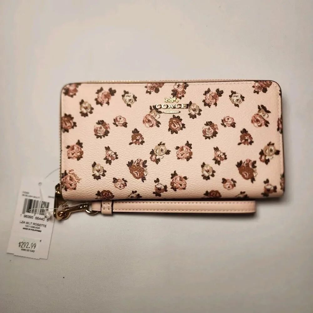 NWT COACH CZ329 Long Zip Around Wallet/Wristlet With Rosette Print Blush Multi